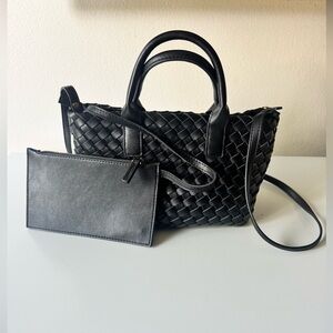 Black Woven Vegan Leather Tote with Detachable Pouch
